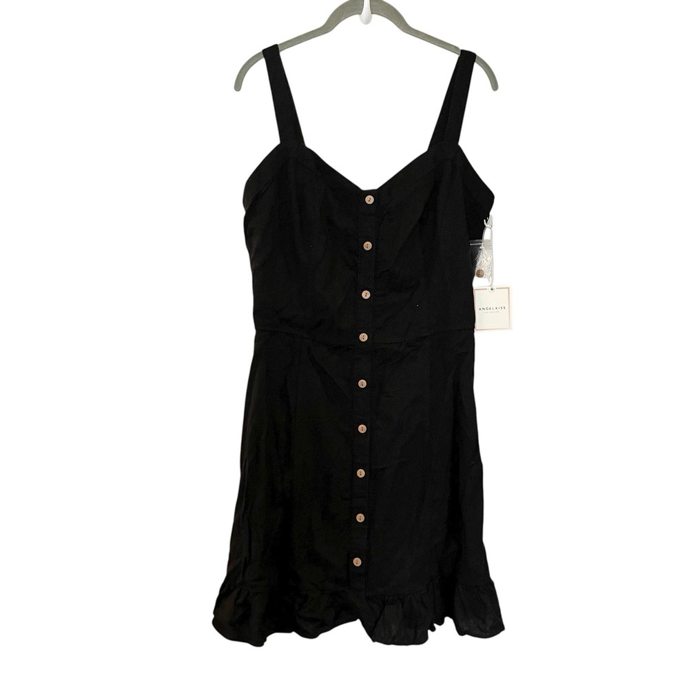 Angel Kiss Solid Black Ruffle Hem Button Front Smocked Linen Blend Sun Dress L